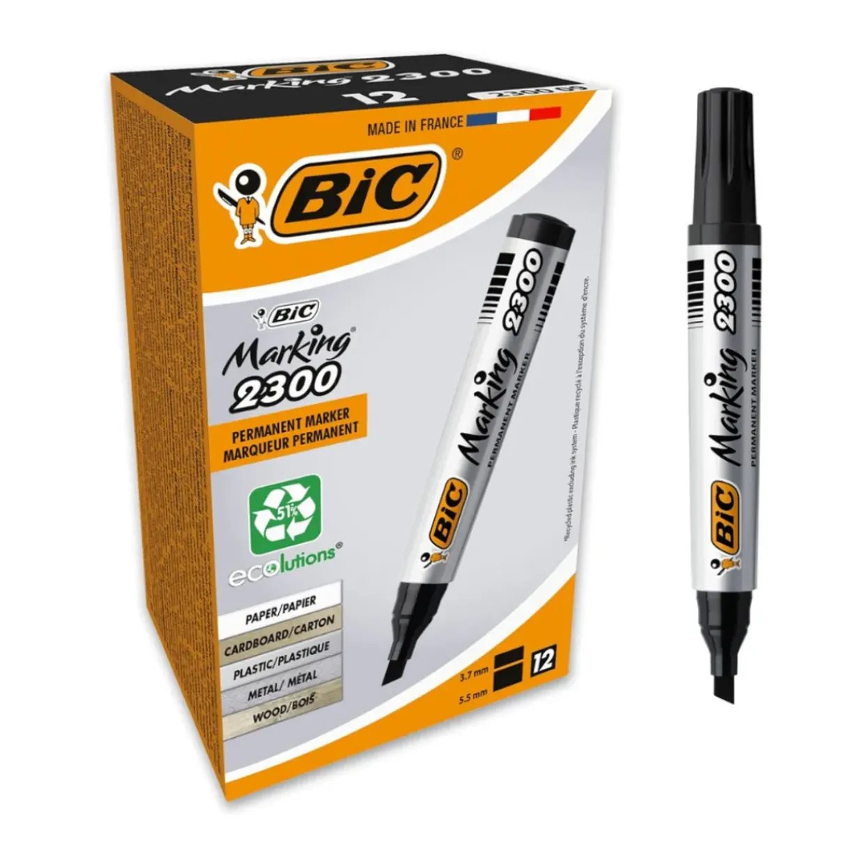 BIC 2300 Permanent Marker Chisel Tip Black (Pack of 12)