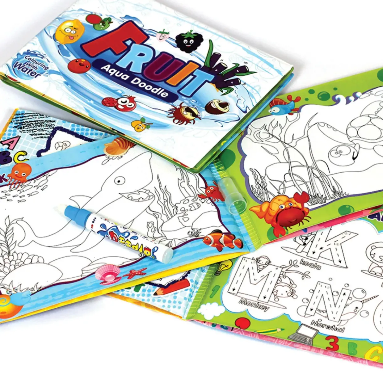 3PC Reusable Magic Water Colouring Books. Alphabet, Fruit & Ocean